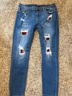 Judy Blue Blue Skinny Jeans with Red Plaid Patch